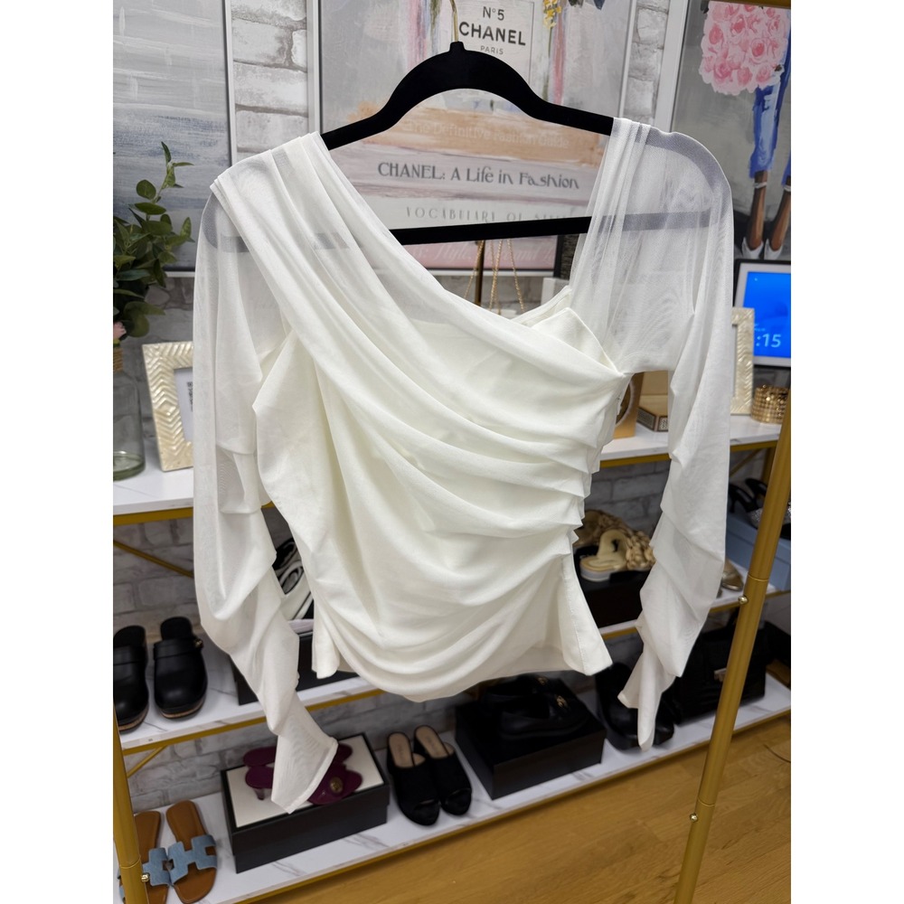 Marcella Monroe White One Shoulder Ruched Mesh Top Size M NWT - Picture 15 of 16